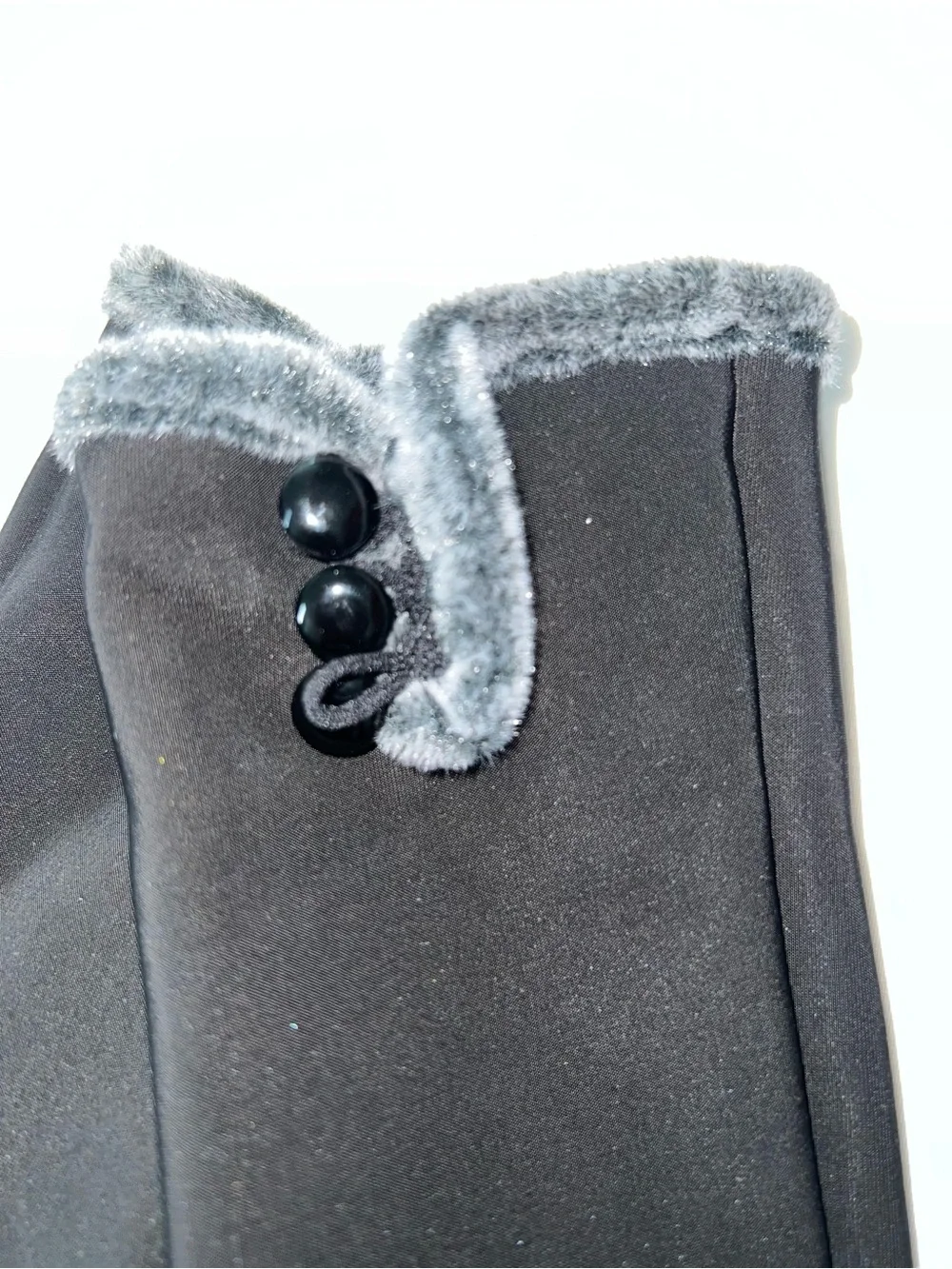 Women's Black Winter Gloves with Gray Faux-Fur Cuff and Button Trim